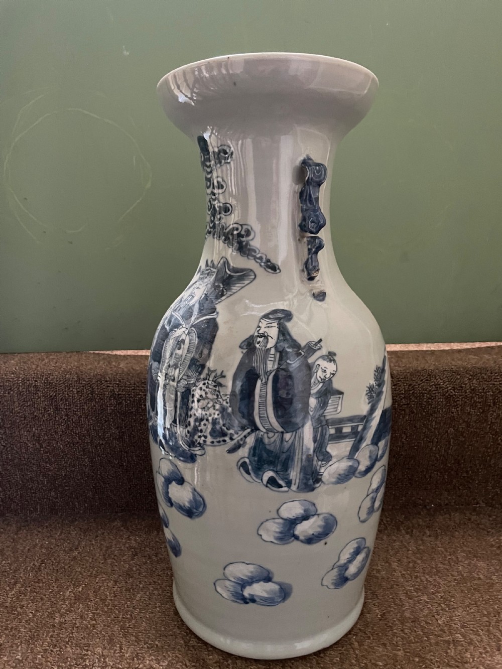 Late C19th Chinese celadon glazed porcelain vase with blue and white decoration. View III
