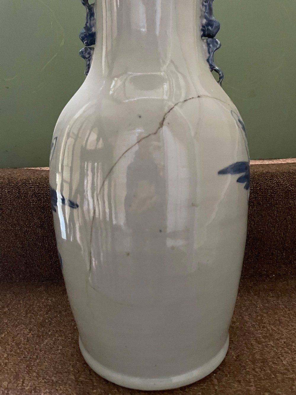 Late C19th Chinese celadon glazed porcelain vase with blue and white decoration. View IV