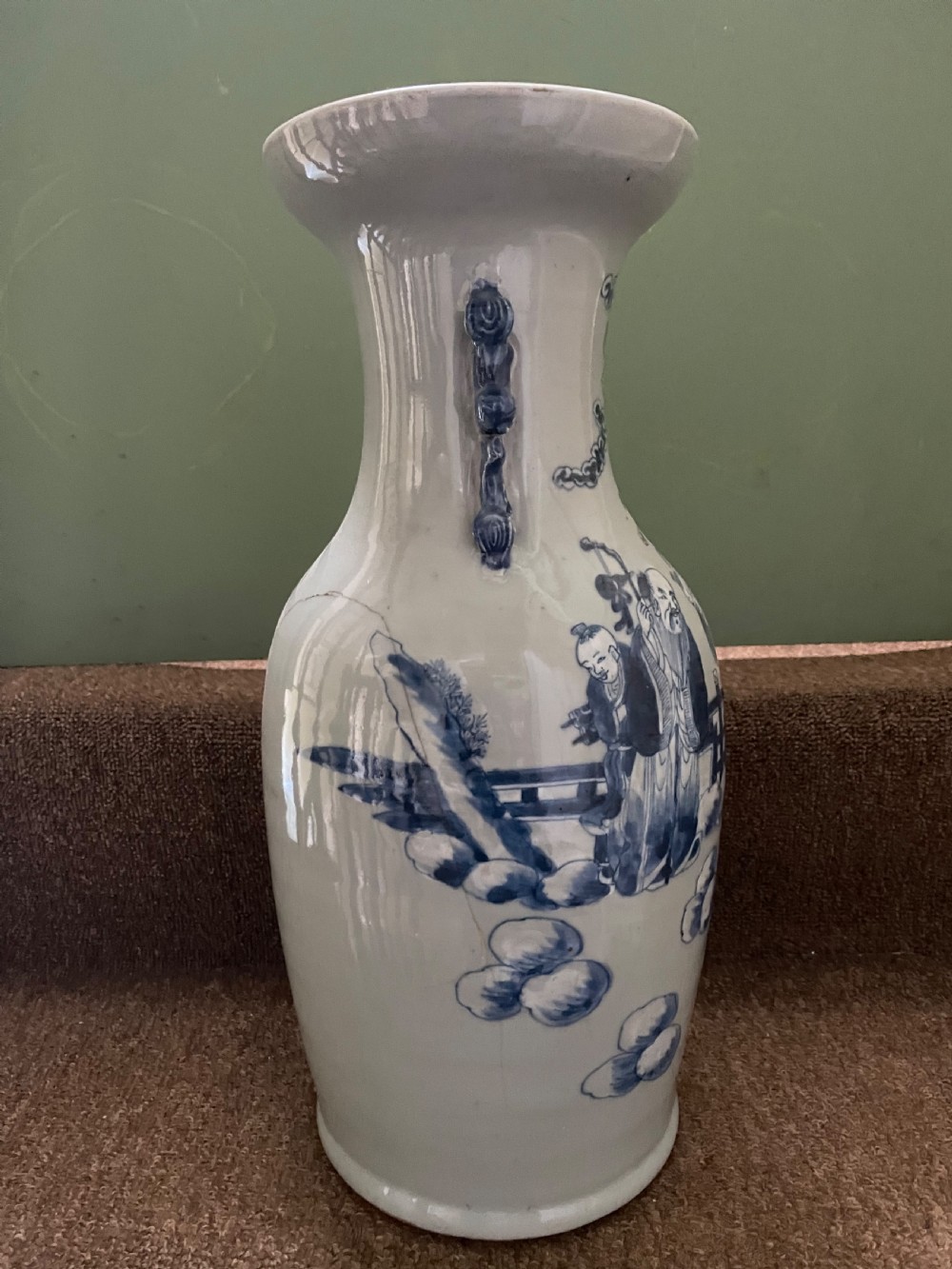 Late C19th Chinese celadon glazed porcelain vase with blue and white decoration. View V