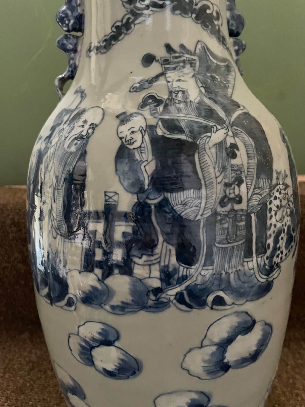 Late C19th Chinese celadon glazed porcelain vase with blue and white decoration. View VI