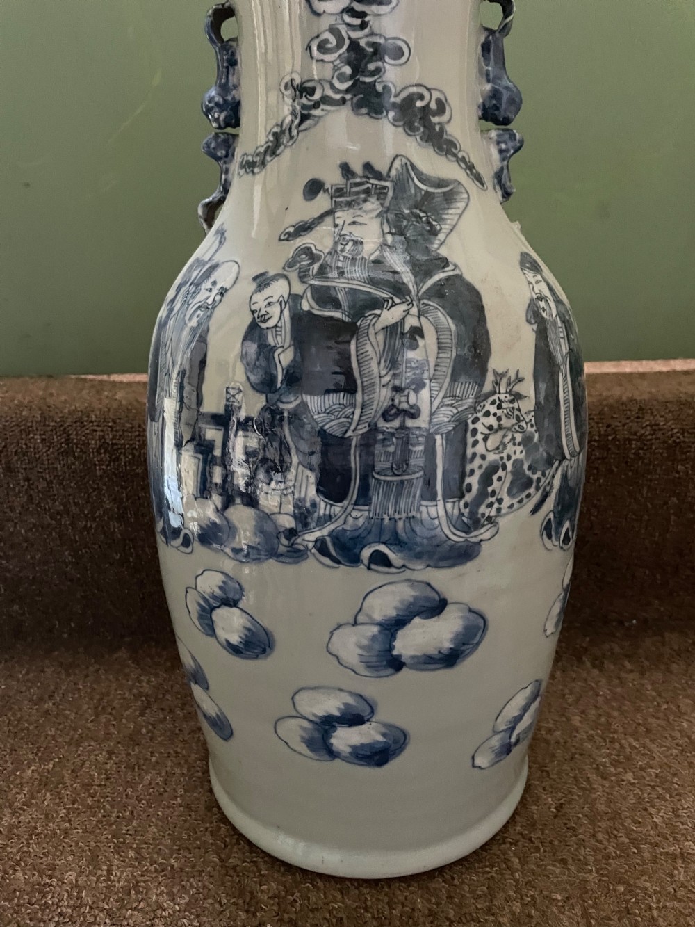 Late C19th Chinese celadon glazed porcelain vase with blue and white decoration. View VII
