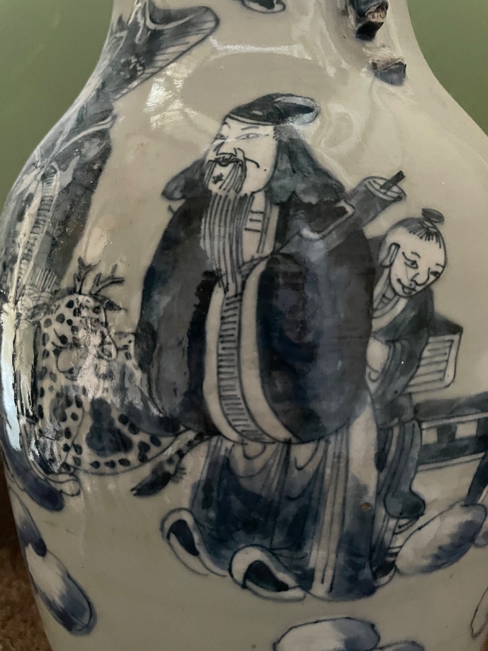 Late C19th Chinese celadon glazed porcelain vase with blue and white decoration. View VIII