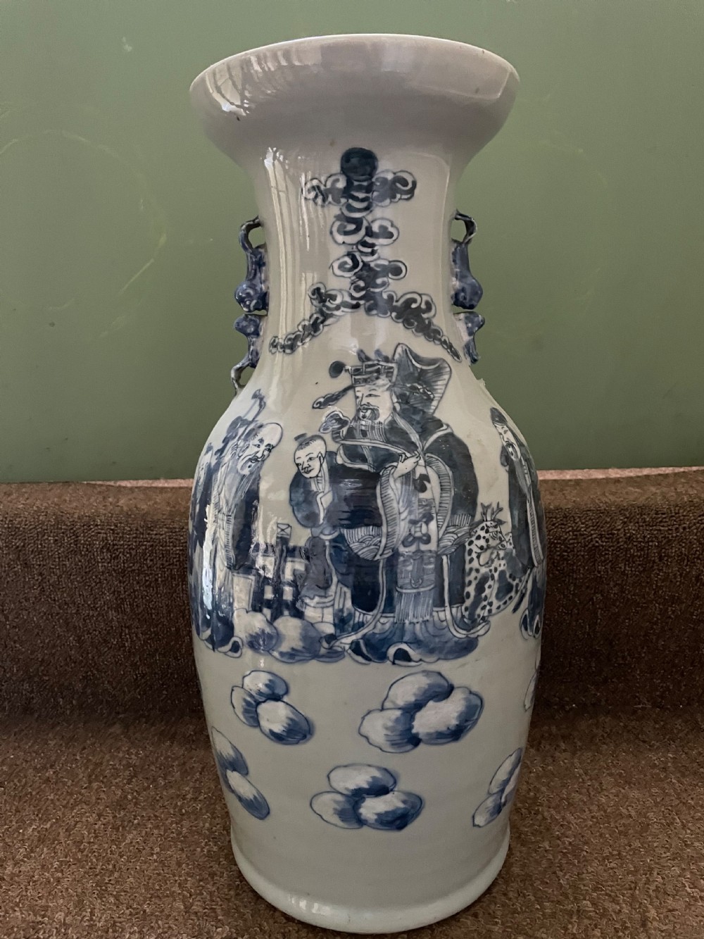 Late C19th Chinese celadon glazed porcelain vase with blue and white decoration. View IX