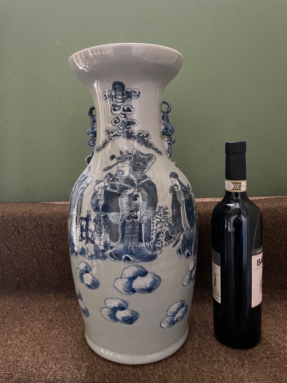 Late C19th Chinese celadon glazed porcelain vase with blue and white decoration. View X