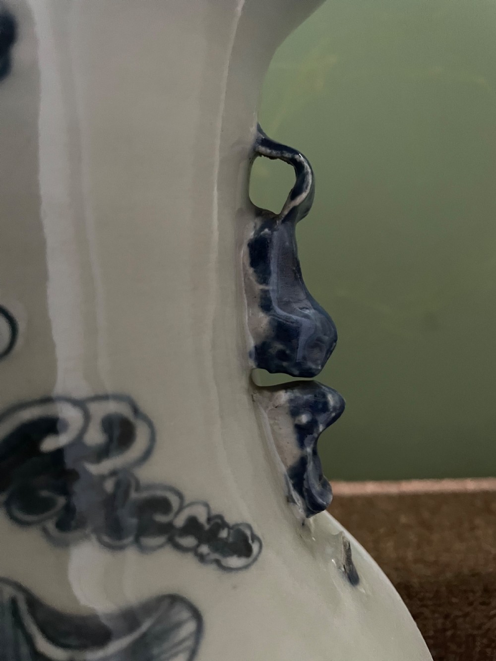 Late C19th Chinese celadon glazed porcelain vase with blue and white decoration. View XI