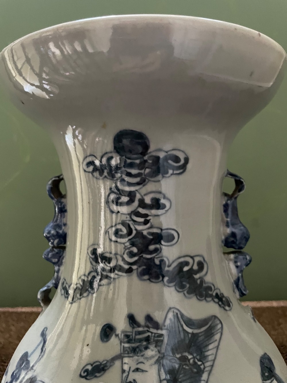 Late C19th Chinese celadon glazed porcelain vase with blue and white decoration. View XII