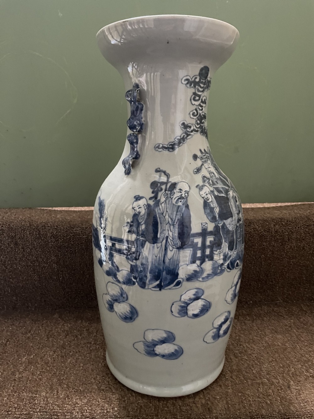 Late C19th Chinese celadon glazed porcelain vase with blue and white decoration. View II