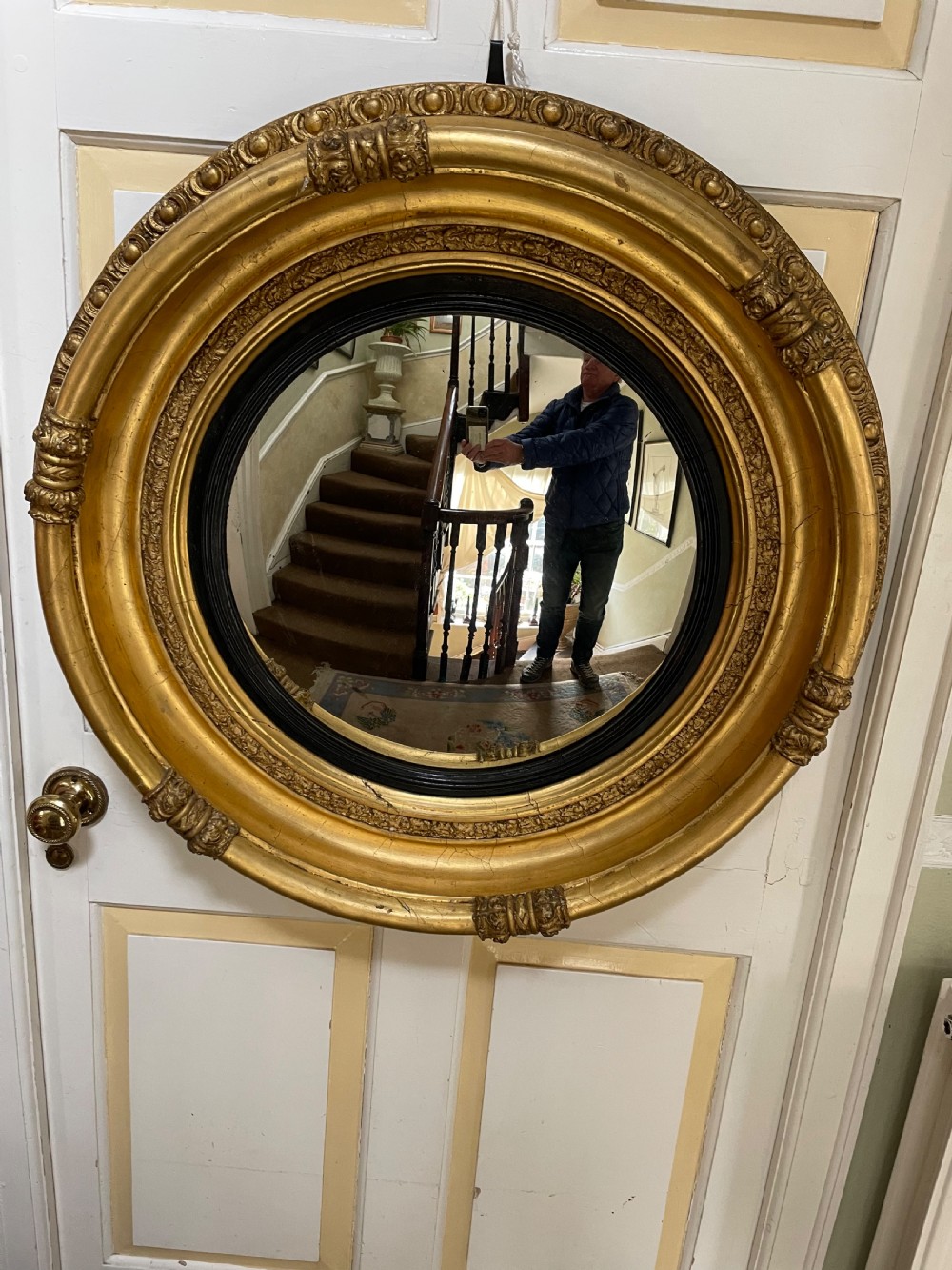 Large early C19th Regency period carved gilt-wood frame convex plate mirror  View IV
