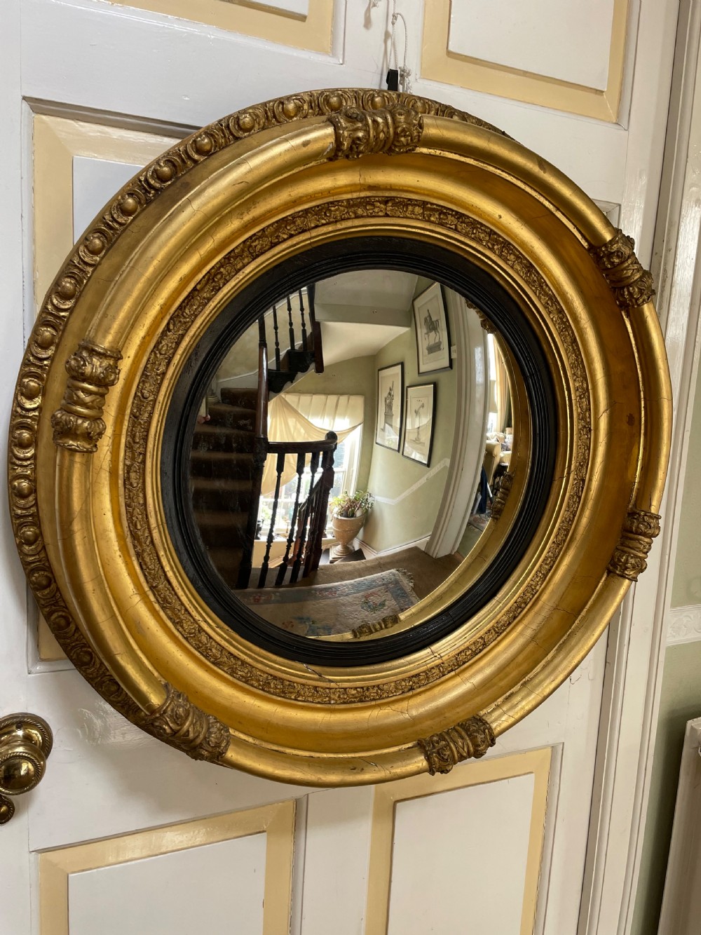 Large early C19th Regency period carved gilt-wood frame convex plate mirror  View XIII