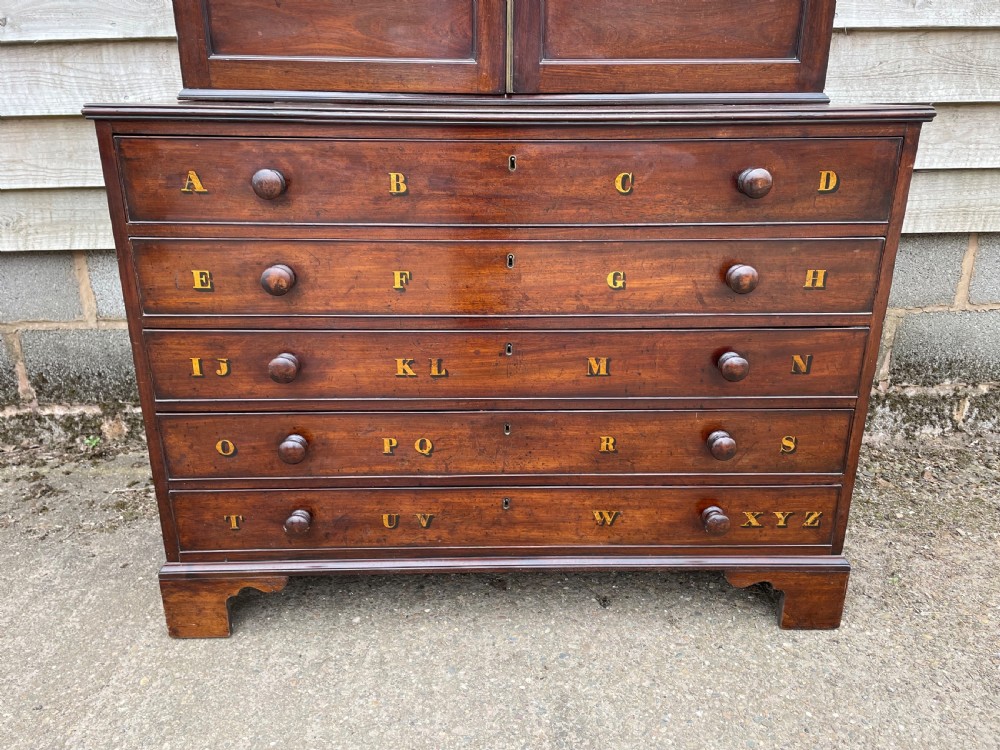 A late eighteenth-century George III mahogany estate cabinet featuring upper panel doors above drawers with gilded alphabetical lettering. View III