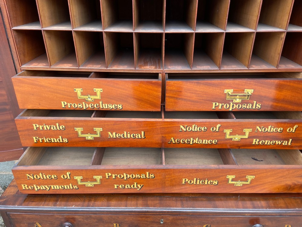 A late eighteenth-century George III mahogany estate cabinet featuring upper panel doors above drawers with gilded alphabetical lettering. View XXI
