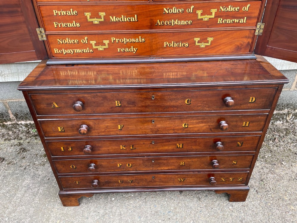 A late eighteenth-century George III mahogany estate cabinet featuring upper panel doors above drawers with gilded alphabetical lettering. View XXVII