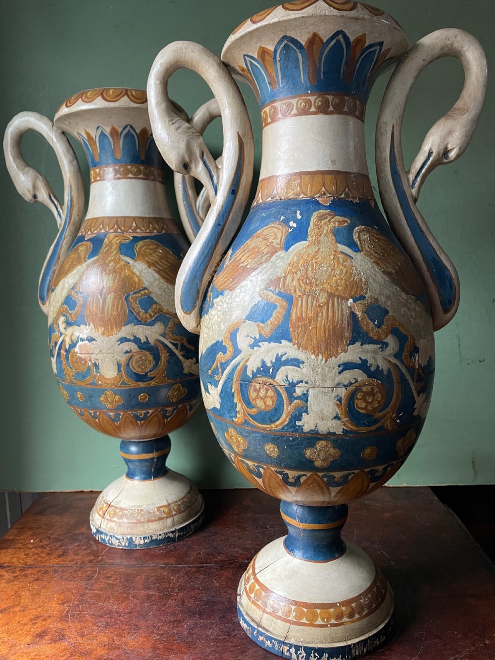 Pair of early C19th Italian neo-classical style decorative carved and painted lime-wood vases. View II