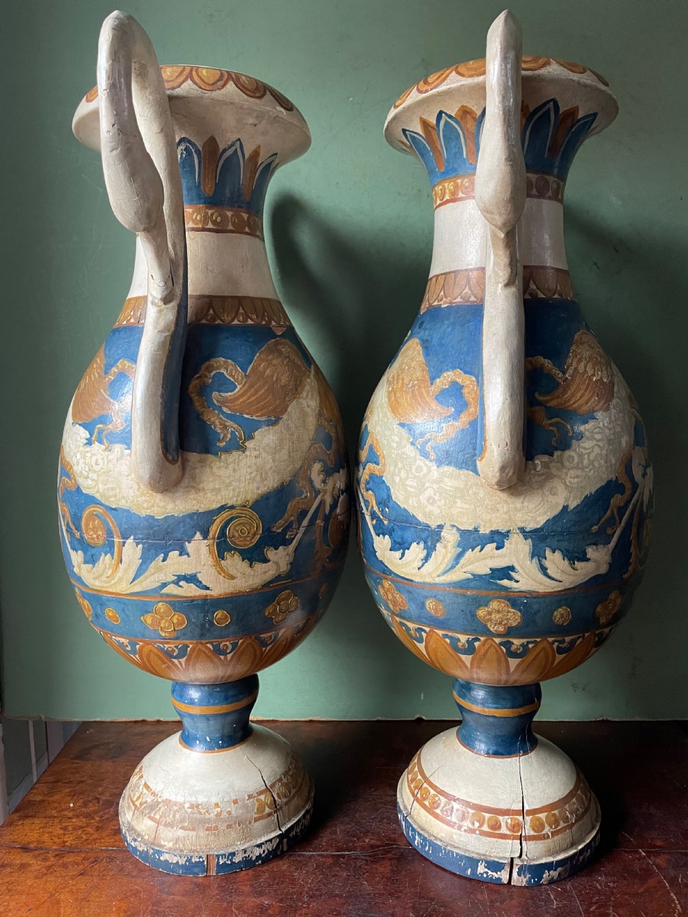 Pair of early C19th Italian neo-classical style decorative carved and painted lime-wood vases. View III