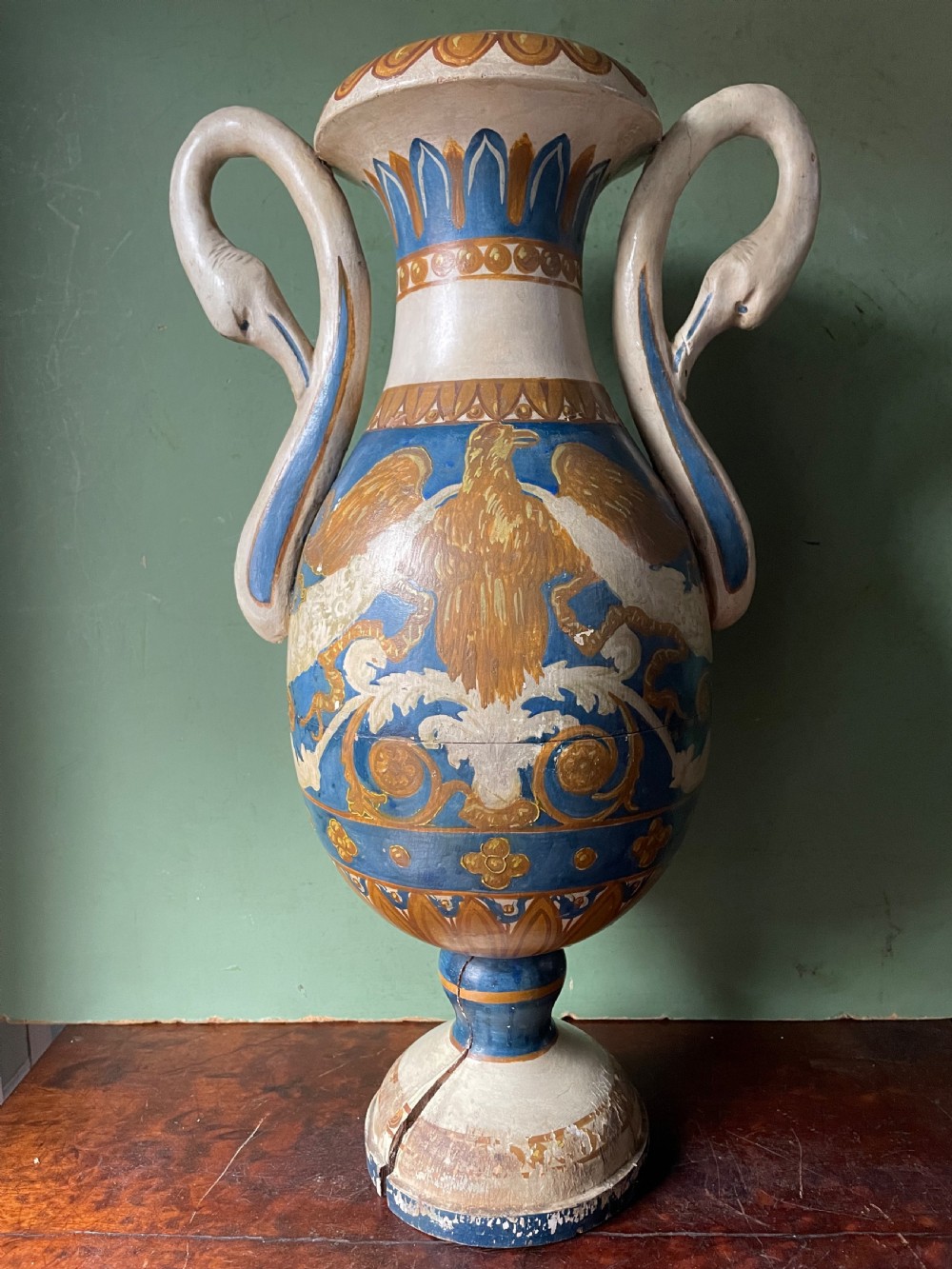 Pair of early C19th Italian neo-classical style decorative carved and painted lime-wood vases. View IV