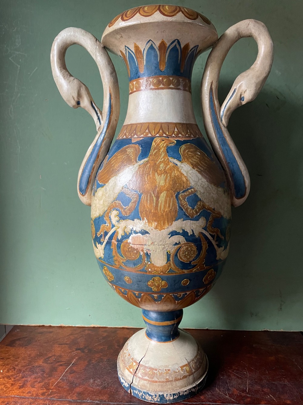 Pair of early C19th Italian neo-classical style decorative carved and painted lime-wood vases. View VI