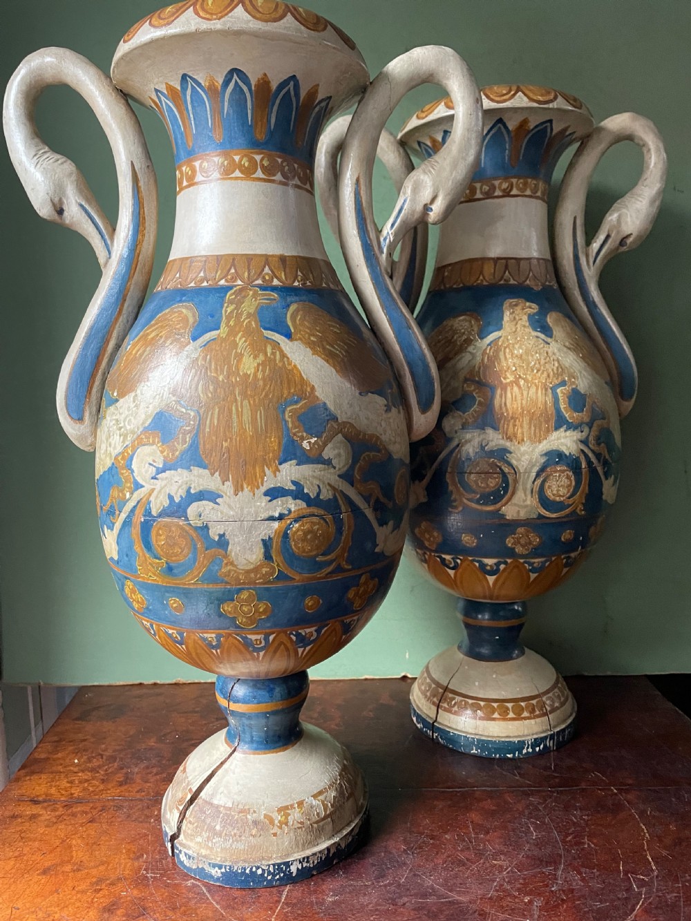 Pair of early C19th Italian neo-classical style decorative carved and painted lime-wood vases. View VII
