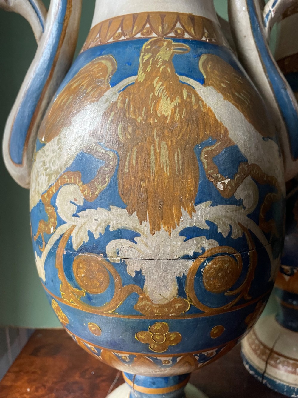 Pair of early C19th Italian neo-classical style decorative carved and painted lime-wood vases. View VIII