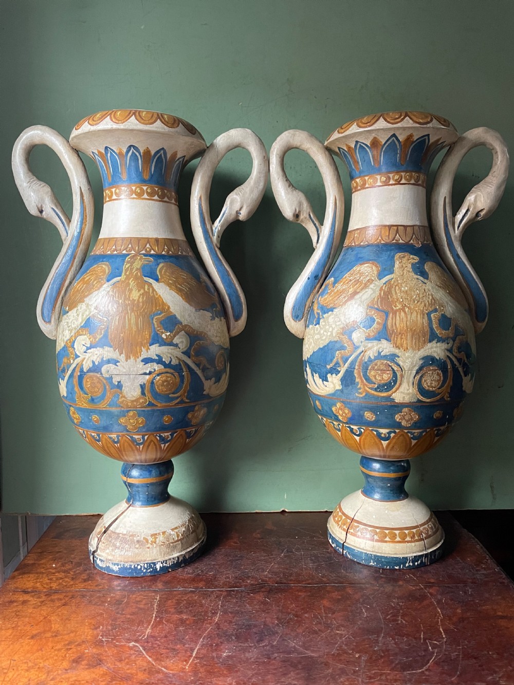 Pair of early C19th Italian neo-classical style decorative carved and painted lime-wood vases. View IX