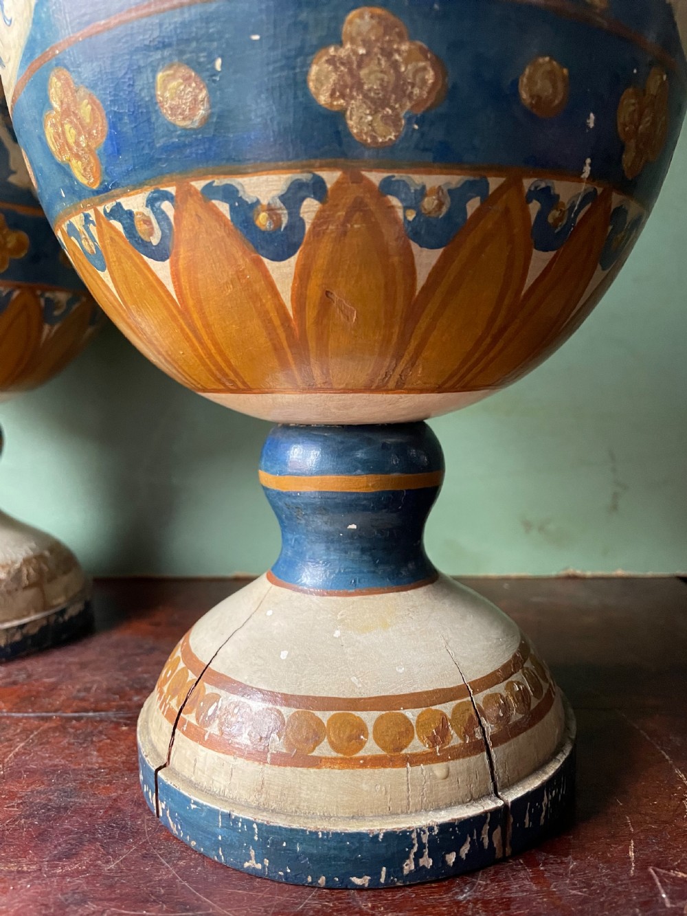 Pair of early C19th Italian neo-classical style decorative carved and painted lime-wood vases. View X