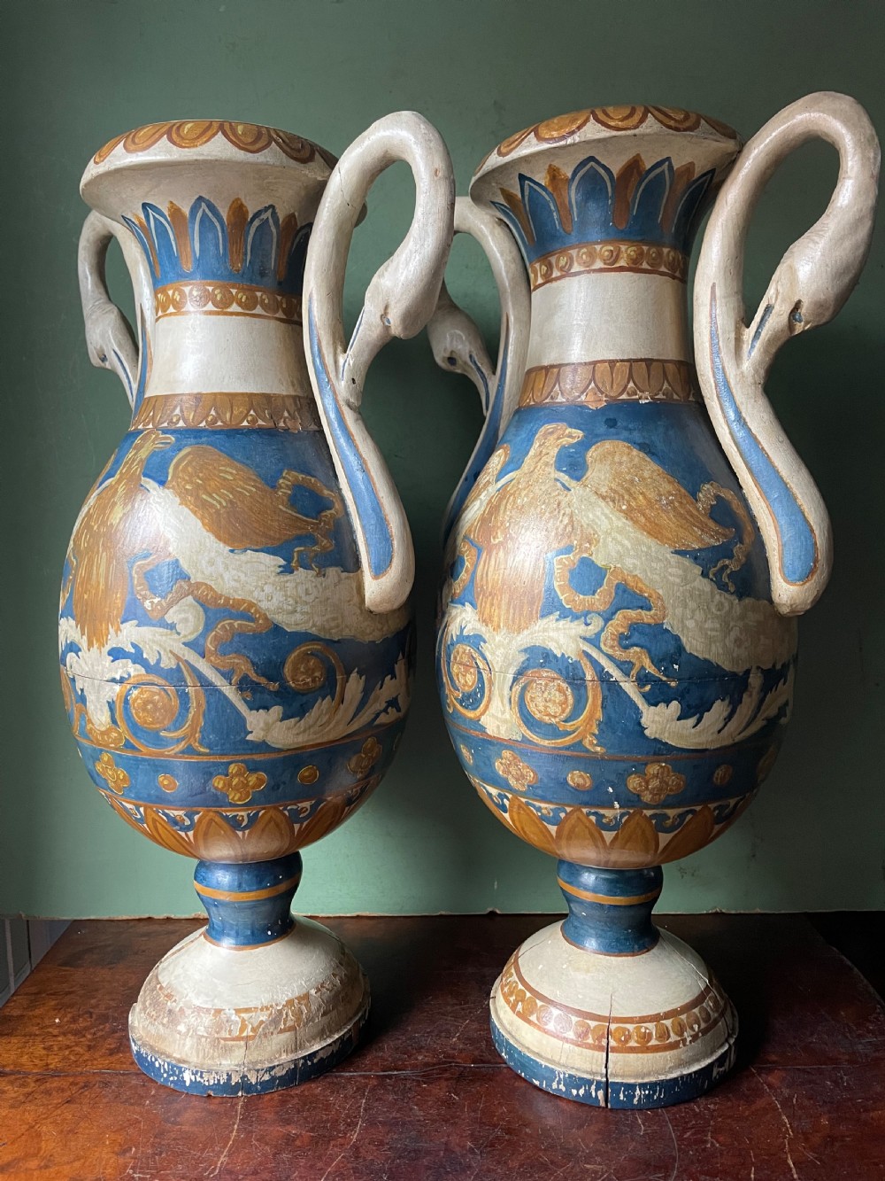 Pair of early C19th Italian neo-classical style decorative carved and painted lime-wood vases. View XII