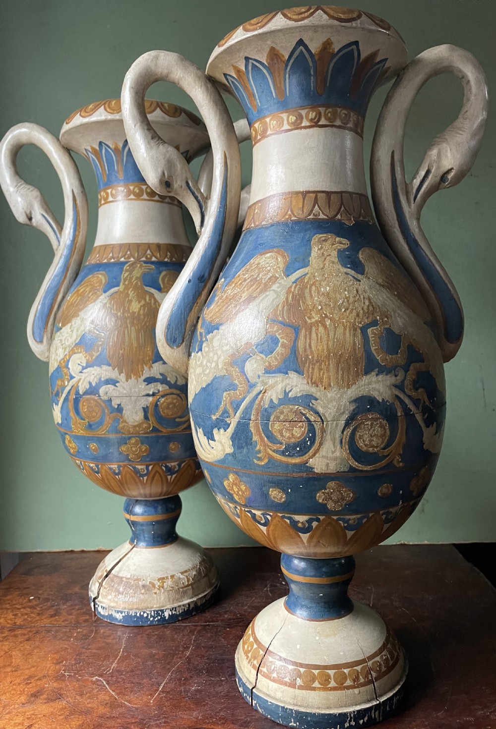 Pair of early C19th Italian neo-classical style decorative carved and painted lime-wood vases. View XIII