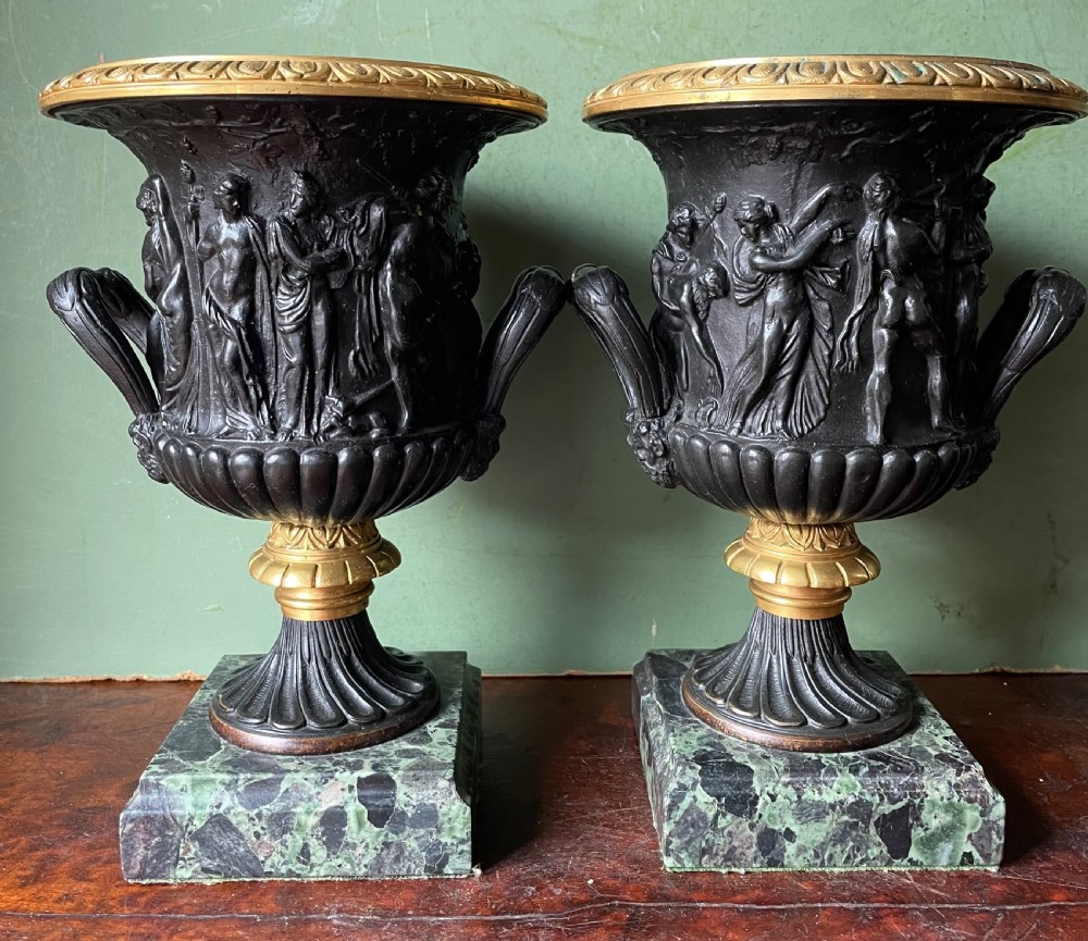 Pair of late C19th bronze and gilt-bronze classical ‘Medici’ vases on antico verde marble bases . 