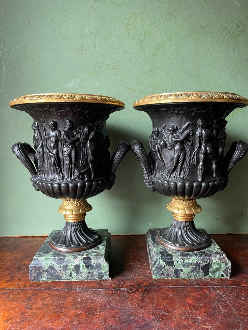 Pair of late C19th bronze and gilt-bronze classical ‘Medici’ vases on antico verde marble bases .  View II
