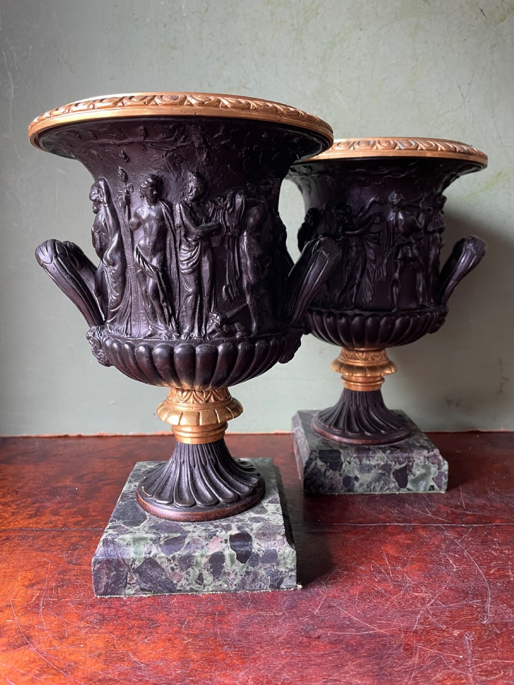 Pair of late C19th bronze and gilt-bronze classical ‘Medici’ vases on antico verde marble bases .  View III