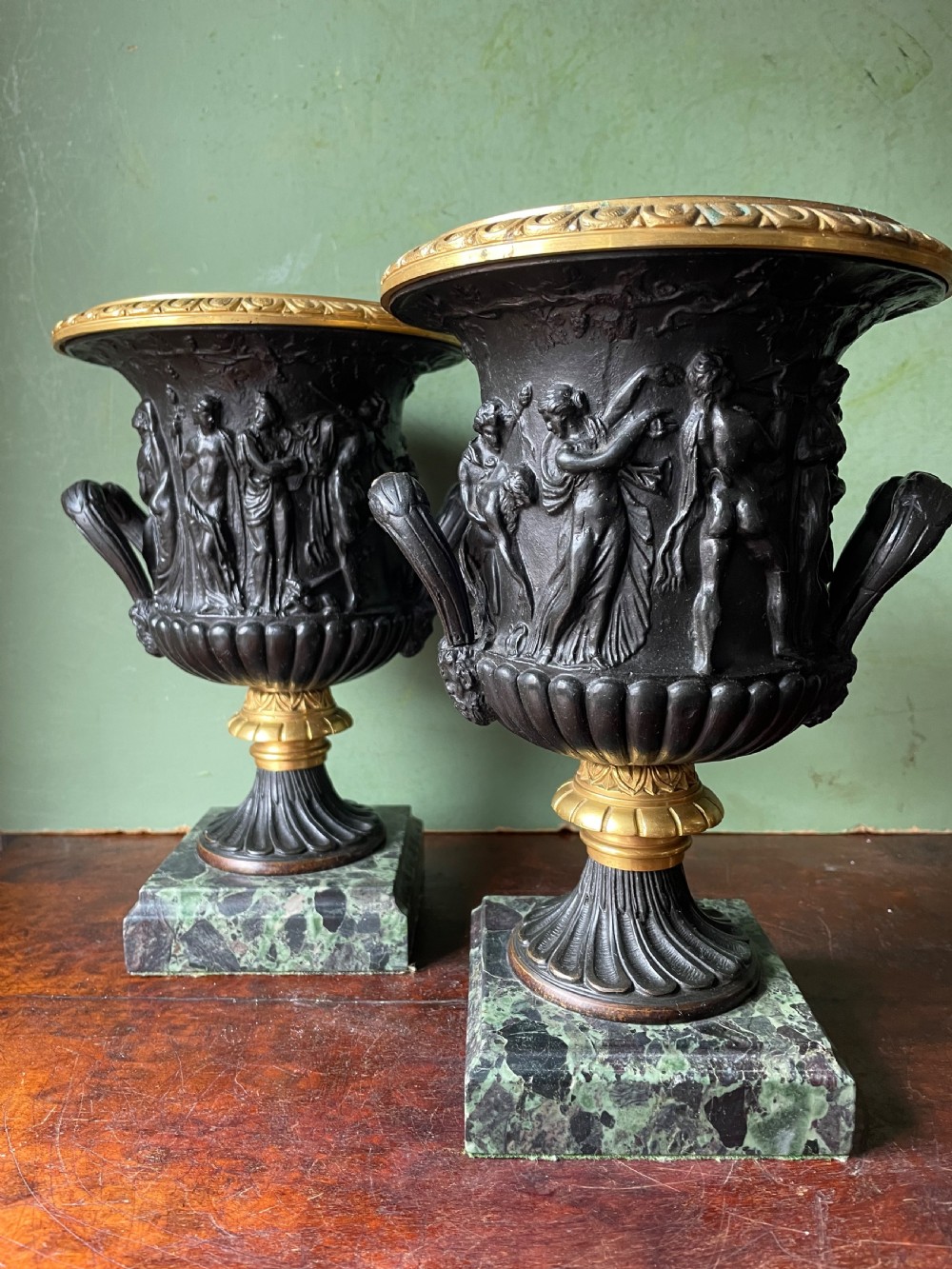 Pair of late C19th bronze and gilt-bronze classical ‘Medici’ vases on antico verde marble bases .  View IV