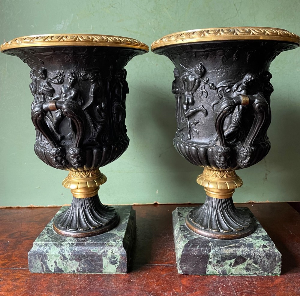 Pair of late C19th bronze and gilt-bronze classical ‘Medici’ vases on antico verde marble bases .  View V