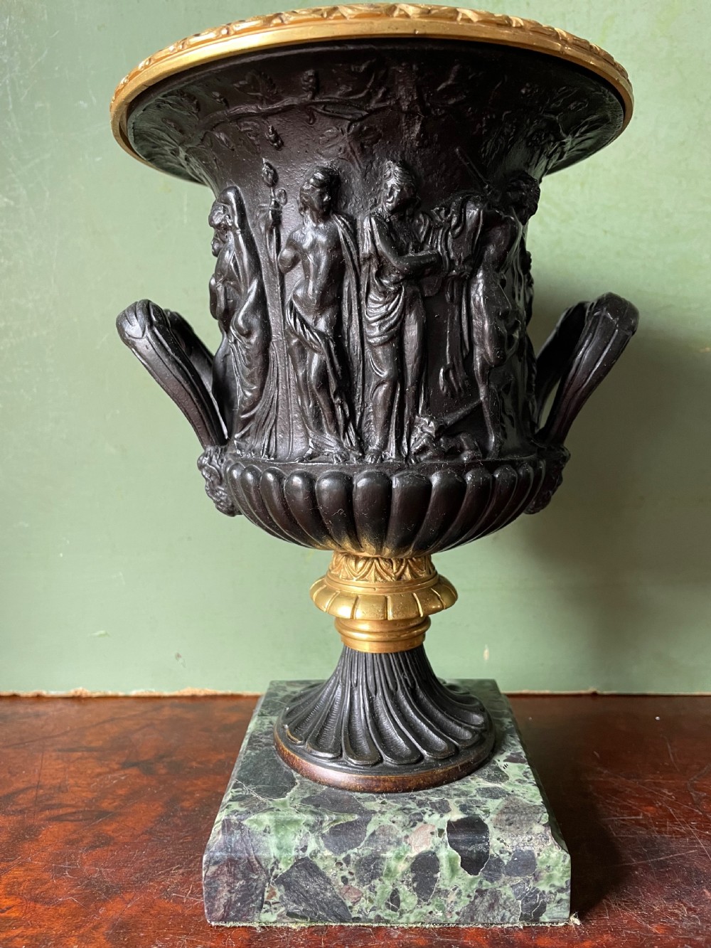 Pair of late C19th bronze and gilt-bronze classical ‘Medici’ vases on antico verde marble bases .  View VI