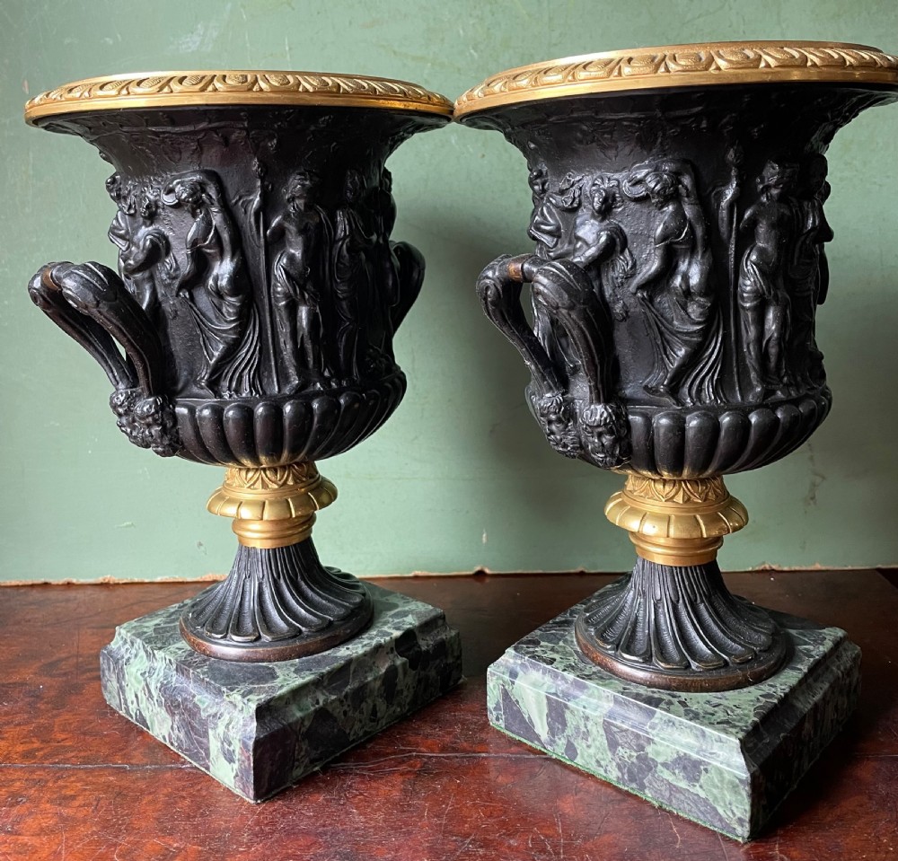 Pair of late C19th bronze and gilt-bronze classical ‘Medici’ vases on antico verde marble bases .  View VII