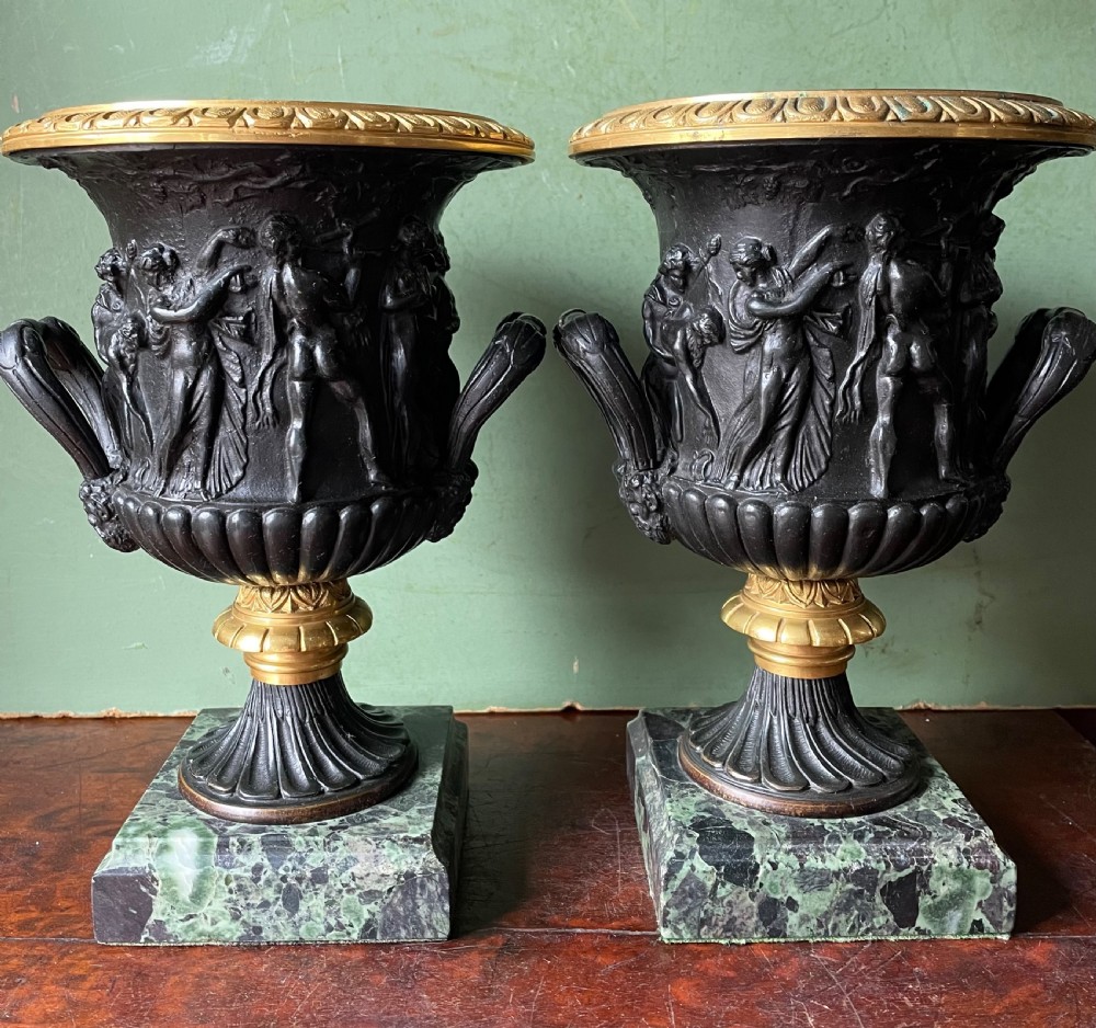 Pair of late C19th bronze and gilt-bronze classical ‘Medici’ vases on antico verde marble bases .  View VIII