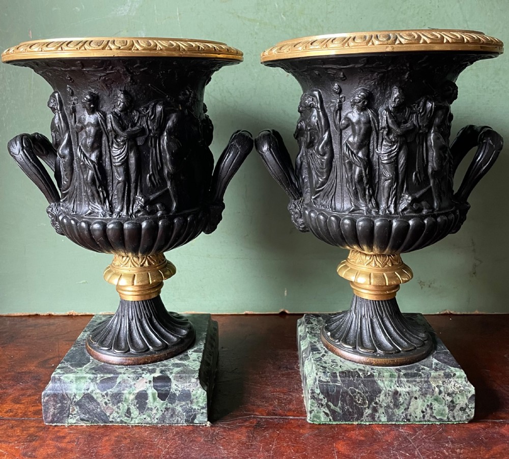 Pair of late C19th bronze and gilt-bronze classical ‘Medici’ vases on antico verde marble bases .  View IX