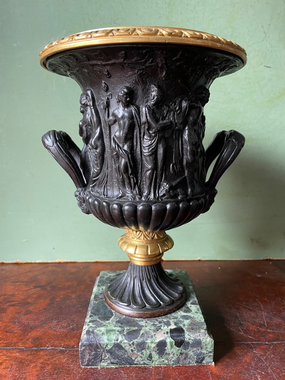 Pair of late C19th bronze and gilt-bronze classical ‘Medici’ vases on antico verde marble bases .  View X
