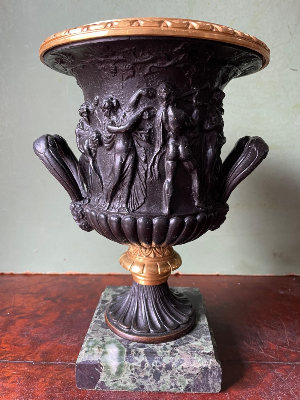 Pair of late C19th bronze and gilt-bronze classical ‘Medici’ vases on antico verde marble bases .  View XI