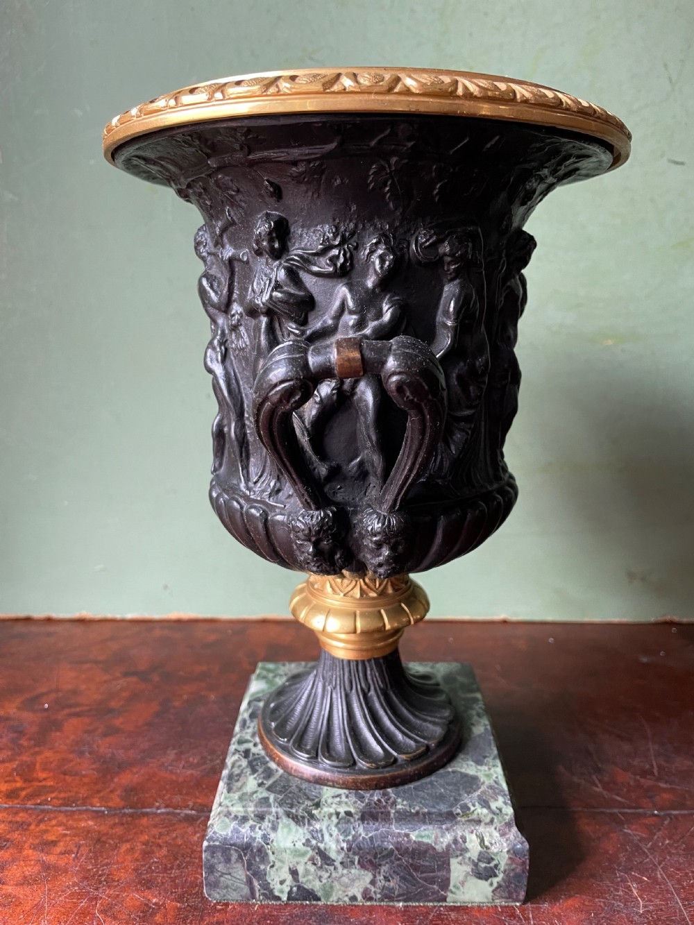 Pair of late C19th bronze and gilt-bronze classical ‘Medici’ vases on antico verde marble bases .  View XII