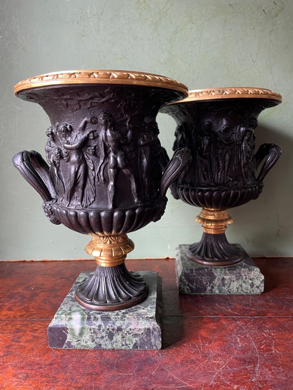 Pair of late C19th bronze and gilt-bronze classical ‘Medici’ vases on antico verde marble bases .  View XIII