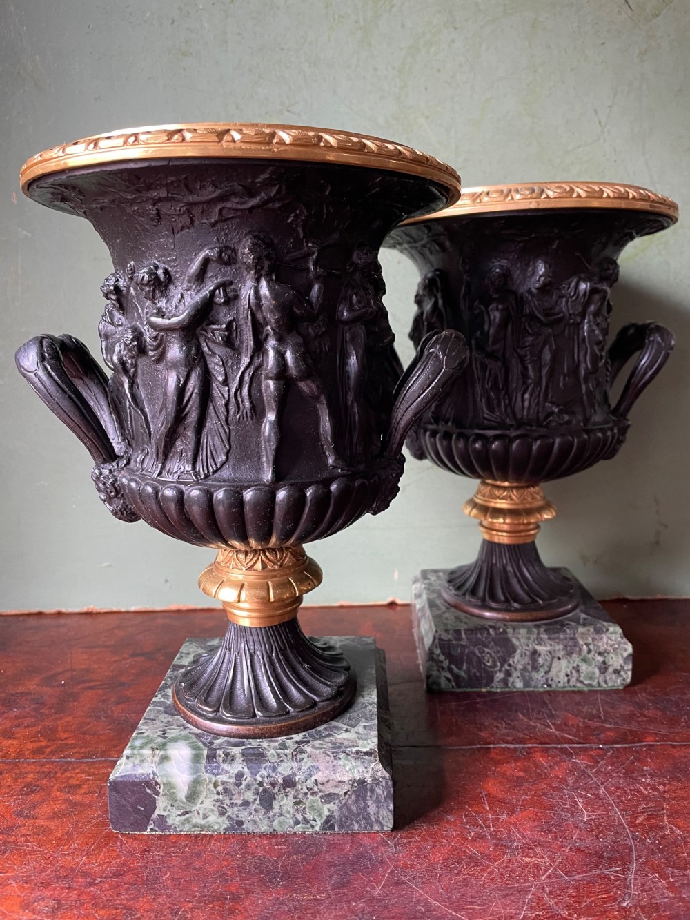 Pair of late C19th bronze and gilt-bronze classical ‘Medici’ vases on antico verde marble bases .  View XIV