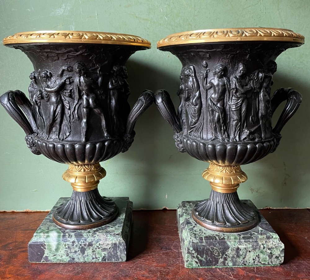 Pair of late C19th bronze and gilt-bronze classical ‘Medici’ vases on antico verde marble bases .  View XV