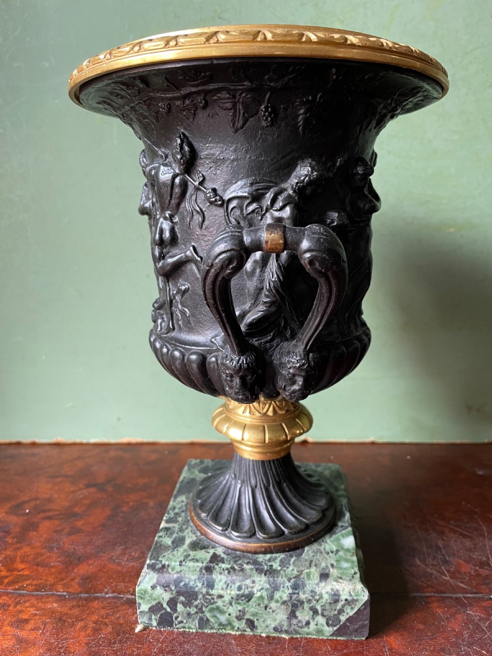 Pair of late C19th bronze and gilt-bronze classical ‘Medici’ vases on antico verde marble bases .  View XVI