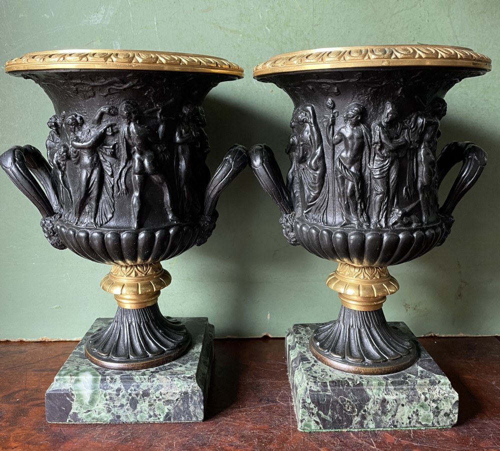 Pair of late C19th bronze and gilt-bronze classical ‘Medici’ vases on antico verde marble bases .  View XVII