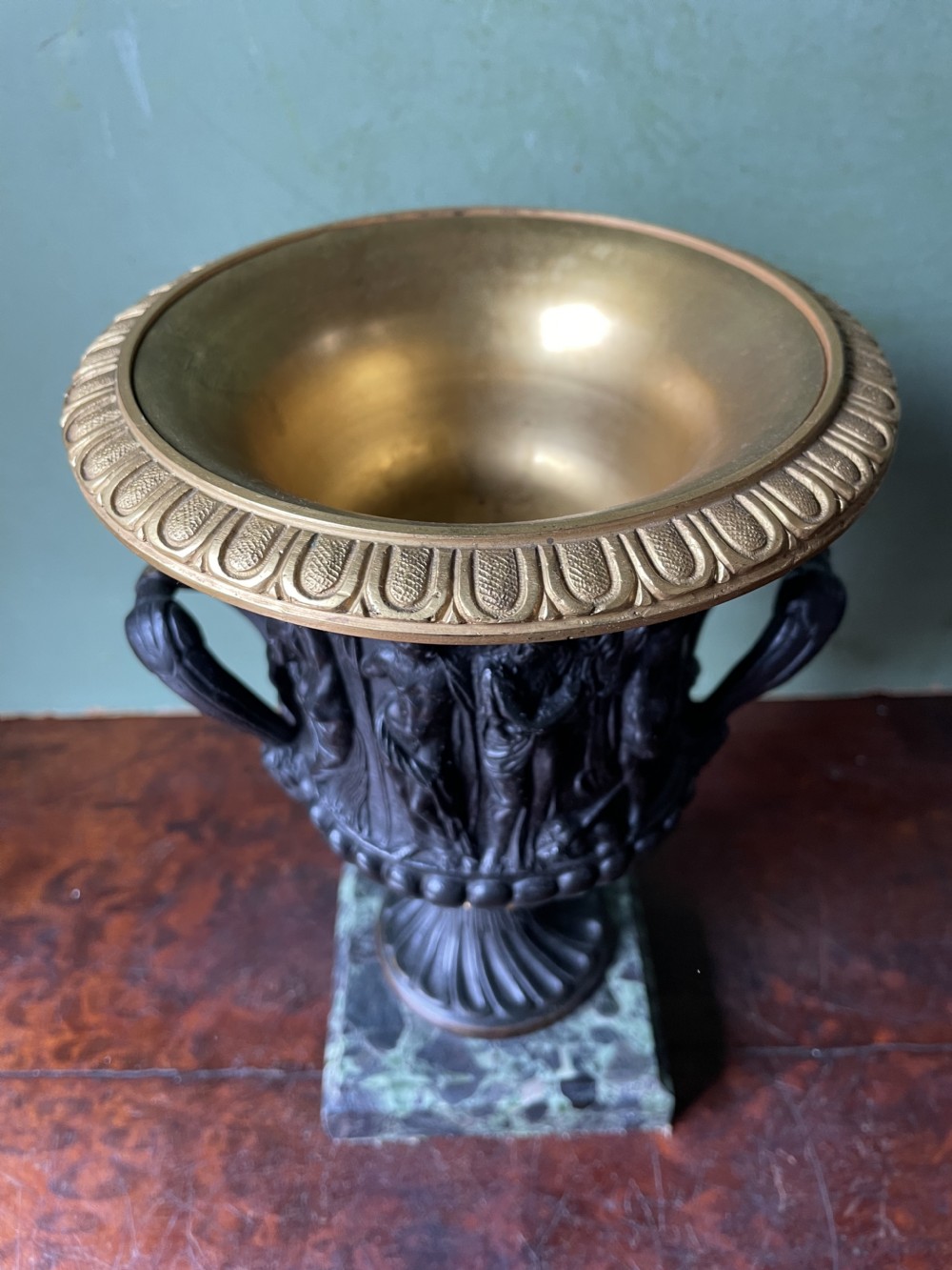 Pair of late C19th bronze and gilt-bronze classical ‘Medici’ vases on antico verde marble bases .  View XVIII