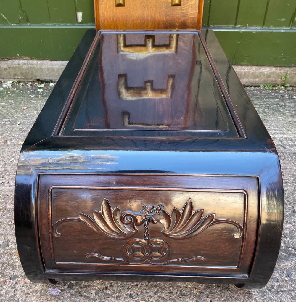 Late C19th/ early C20th Chinese Qing Dynasty carved hardwood ‘opium’ or Kang table. View V