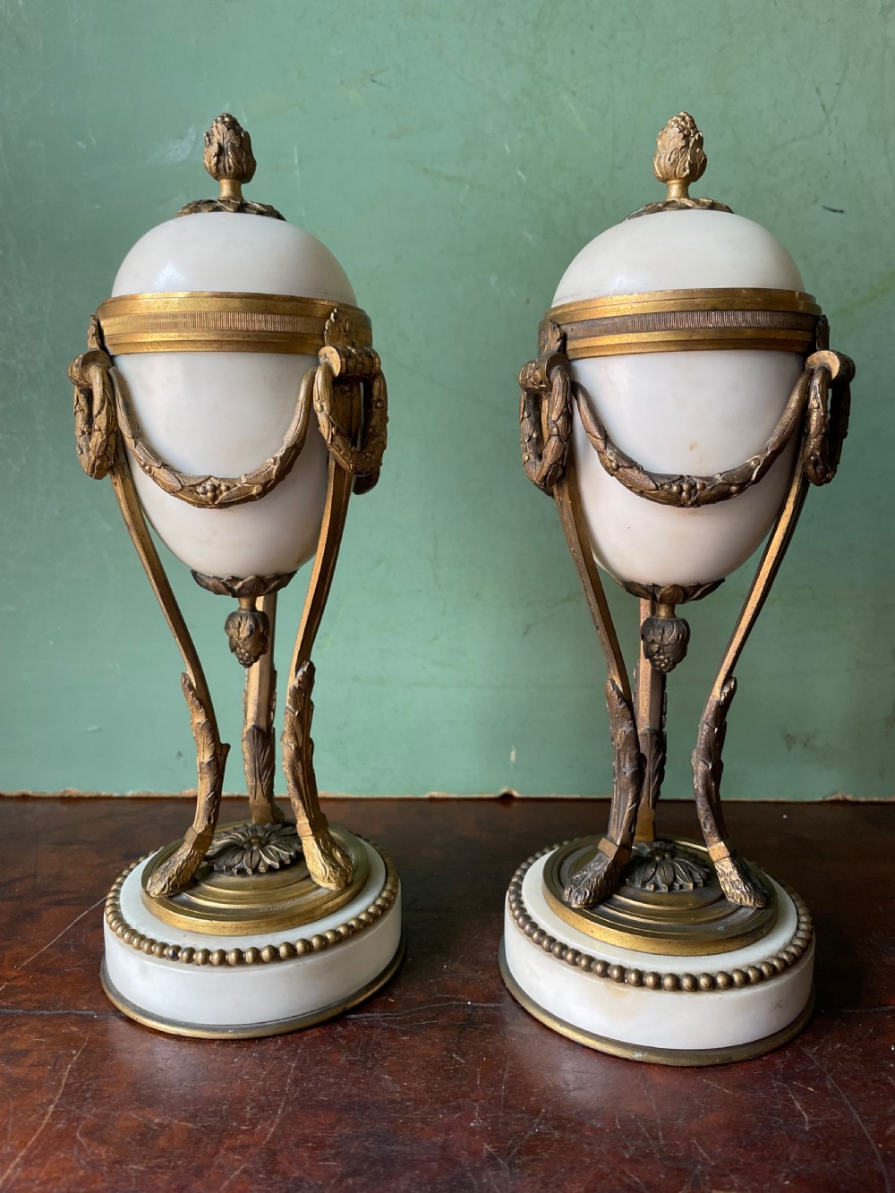 Pair of late C19th French ormolu-mounted marble reversible cassolettes in the C18th Louis XVI style. View II