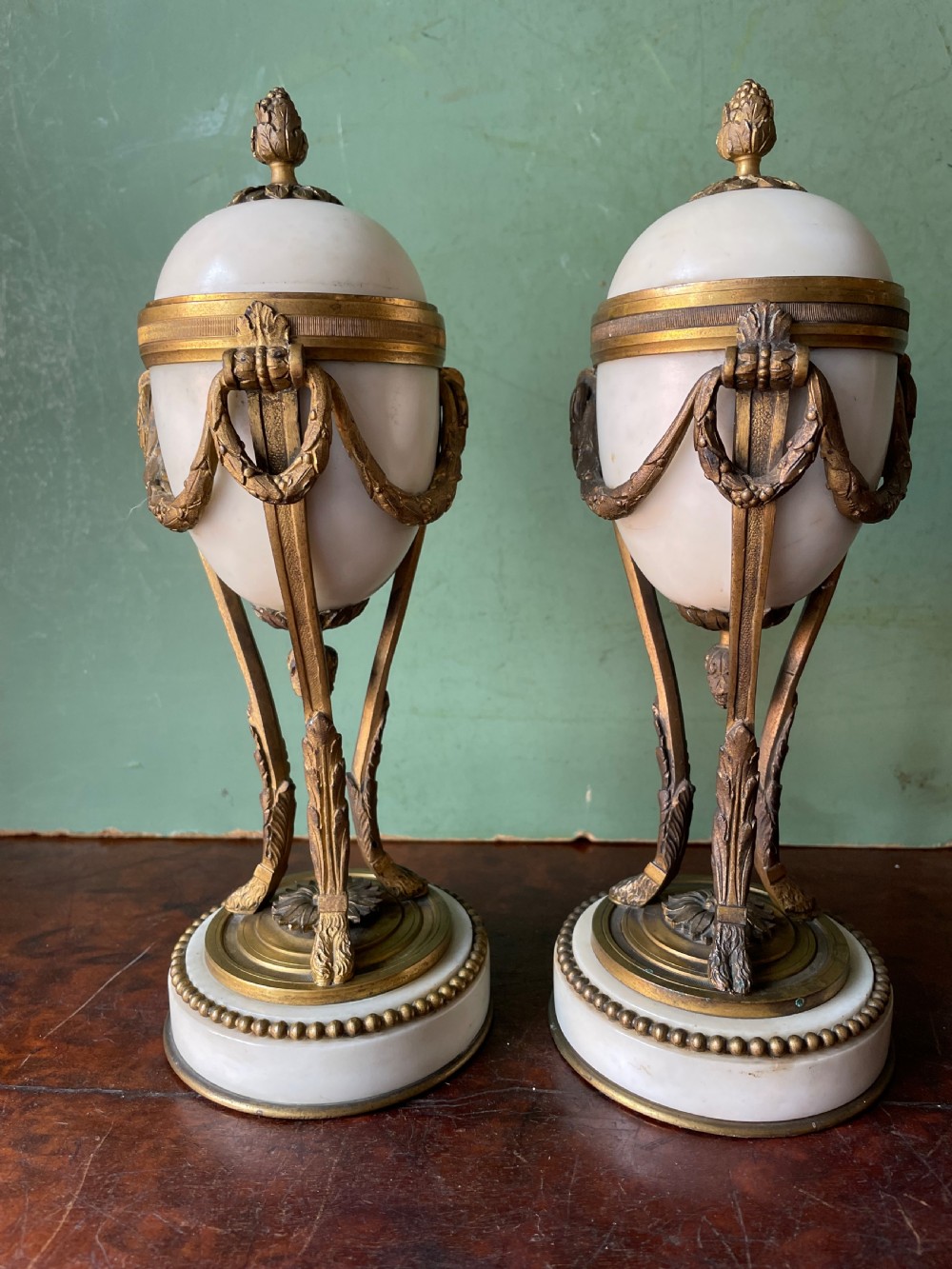 Pair of late C19th French ormolu-mounted marble reversible cassolettes in the C18th Louis XVI style. View III