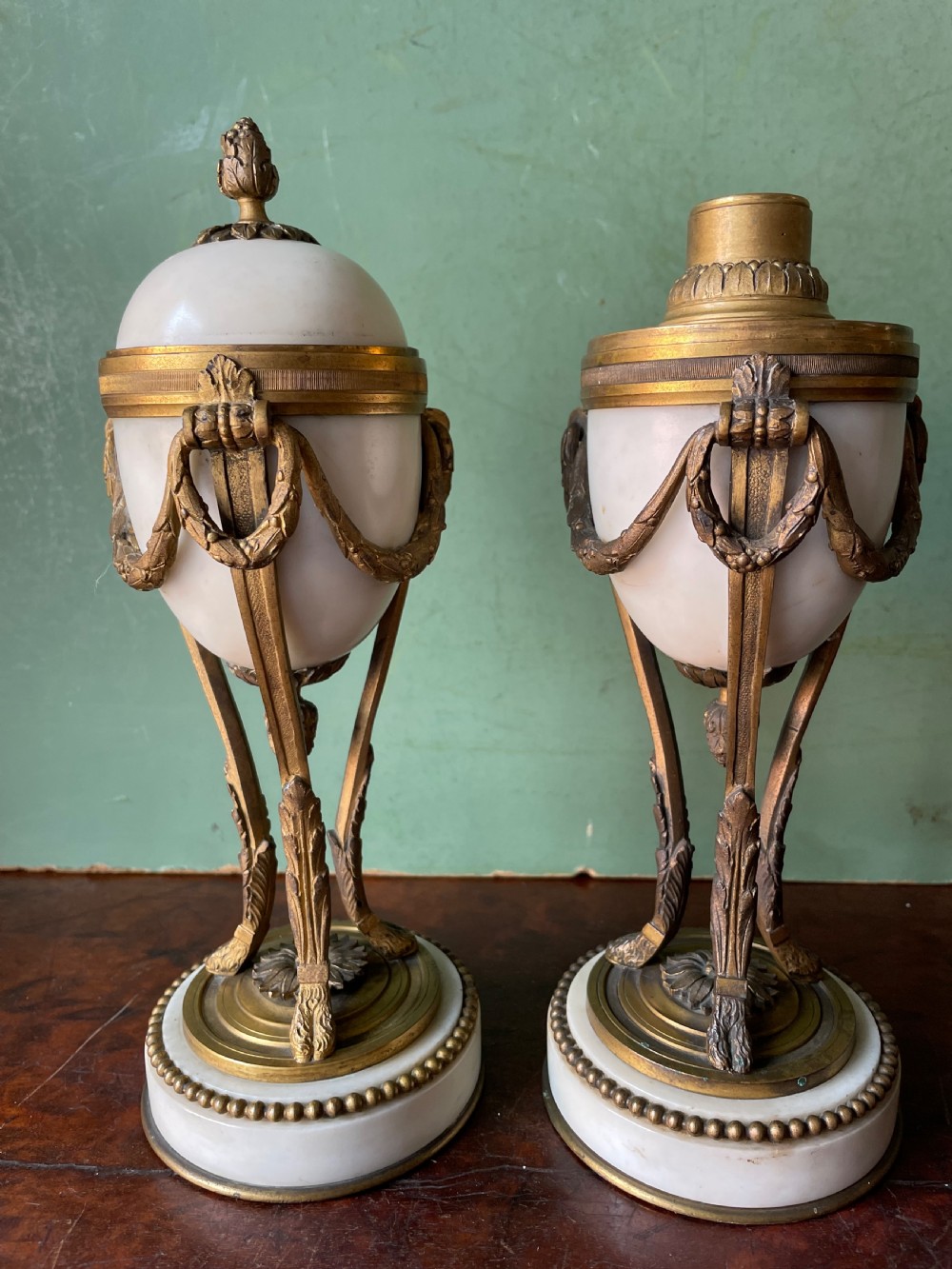 Pair of late C19th French ormolu-mounted marble reversible cassolettes in the C18th Louis XVI style. View V