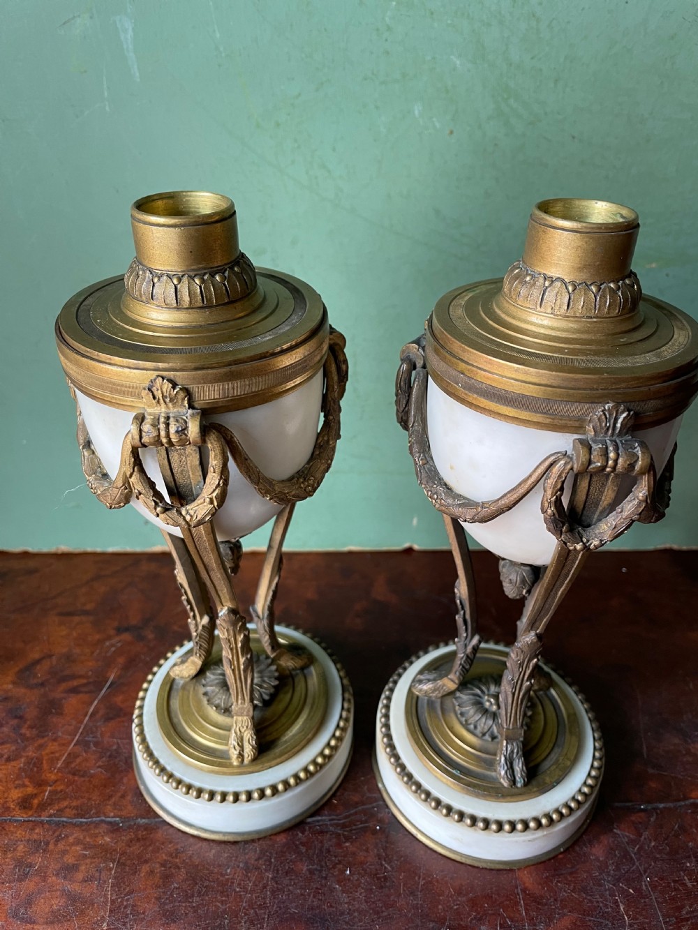 Pair of late C19th French ormolu-mounted marble reversible cassolettes in the C18th Louis XVI style. View VII