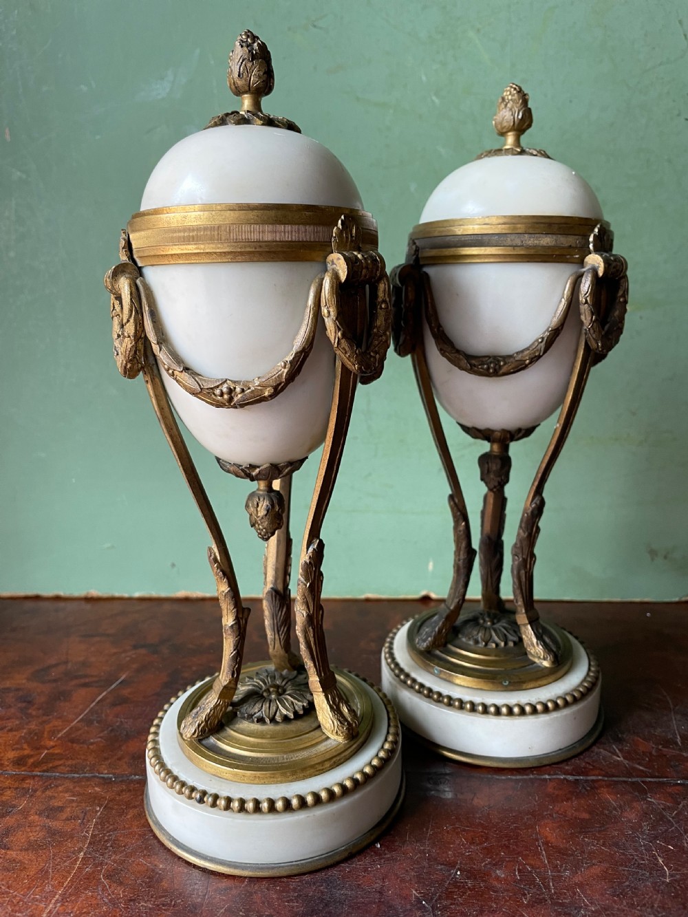 Pair of late C19th French ormolu-mounted marble reversible cassolettes in the C18th Louis XVI style. View VIII